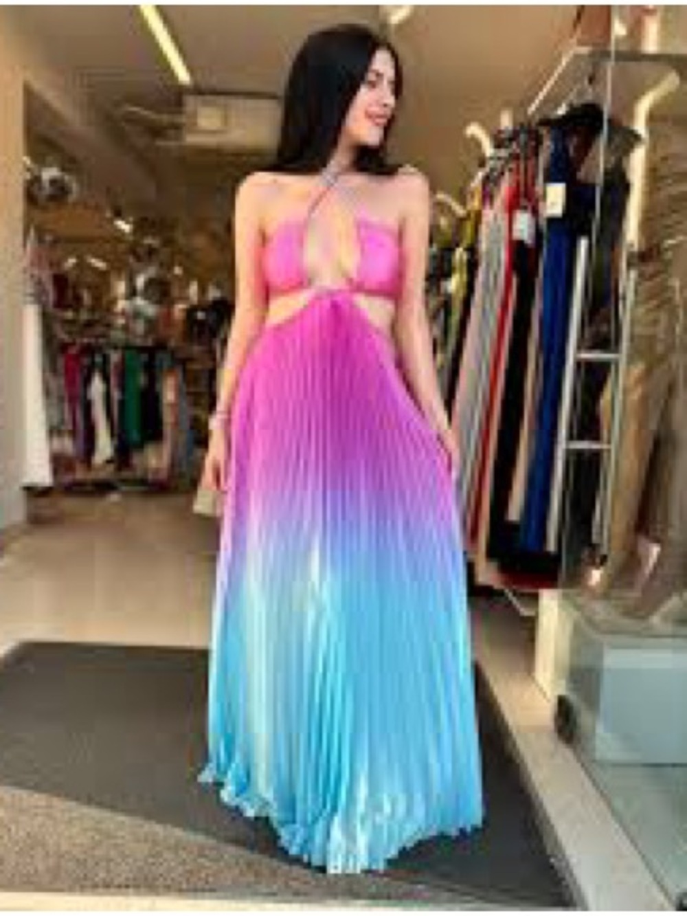 Boutique Gradient Halter Pleated Maxi Dress in Pink to Blue Ombre - Picture 6 of 9